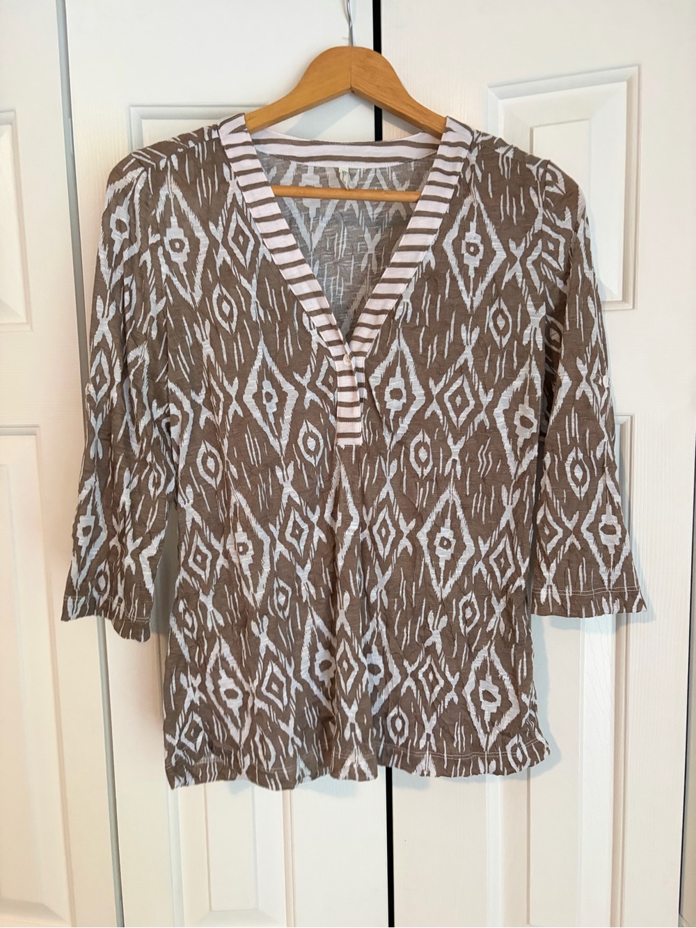 Taupe and White Ikat V-Neck Tunic Top